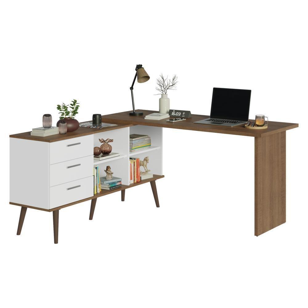 Mesa De Estudos Em L 3 Gavetas Branco/rustic Lisboa Madesa - 2