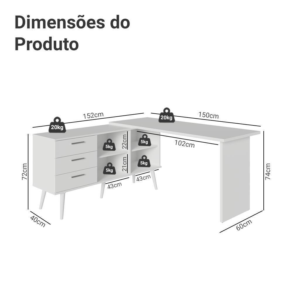 Mesa De Estudos Em L 3 Gavetas Branco Lisboa Madesa - 8