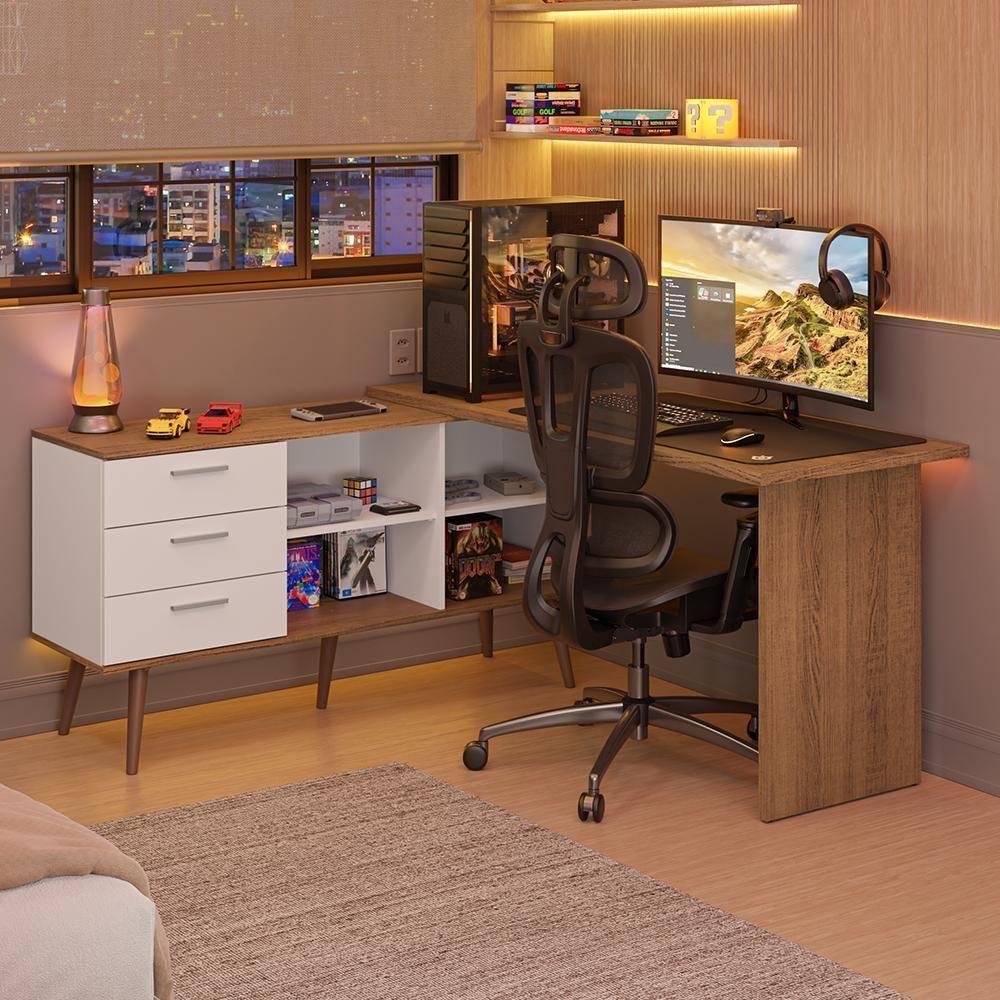 Escrivaninha Em L Mesa Para Computador Gamer 3 Gavetas Branco/rustic Lisboa Madesa - 1