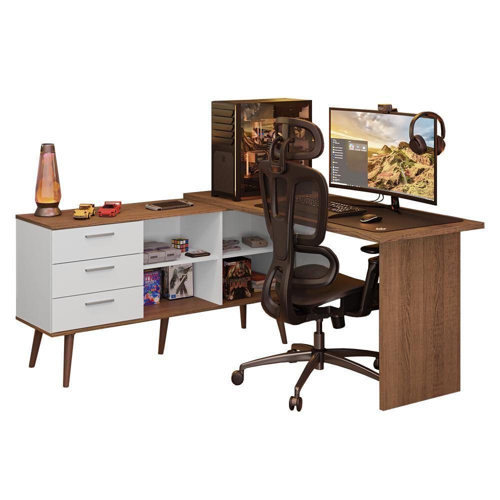 Escrivaninha Em L Mesa Para Computador Gamer 3 Gavetas Branco/rustic Lisboa Madesa - 2