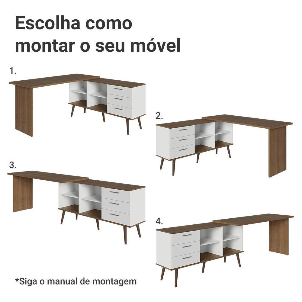 Escrivaninha Em L Mesa Para Computador Gamer 3 Gavetas Branco/rustic Lisboa Madesa - 6