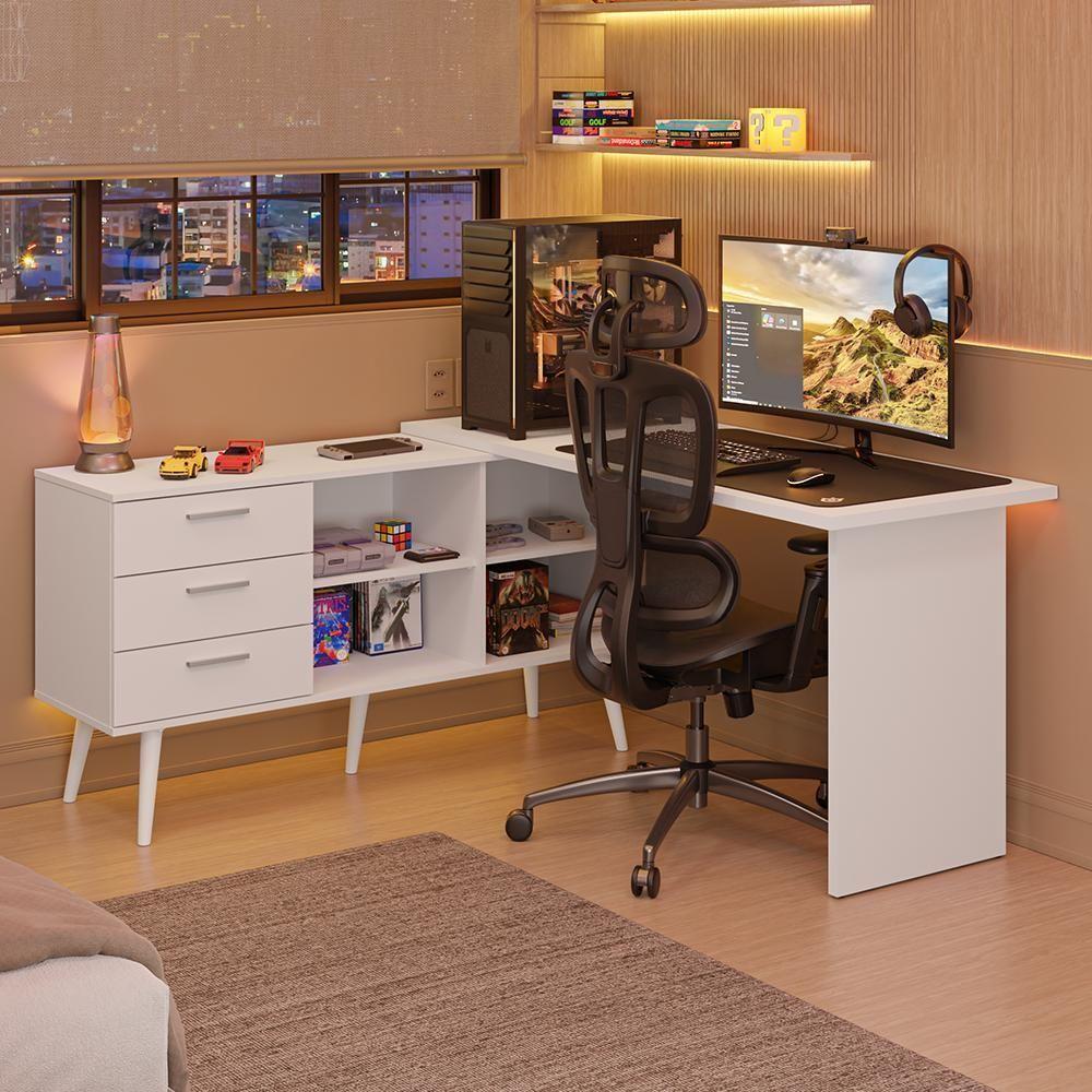 Escrivaninha Em L Mesa Para Computador Gamer 3 Gavetas Branco Lisboa Madesa - 1