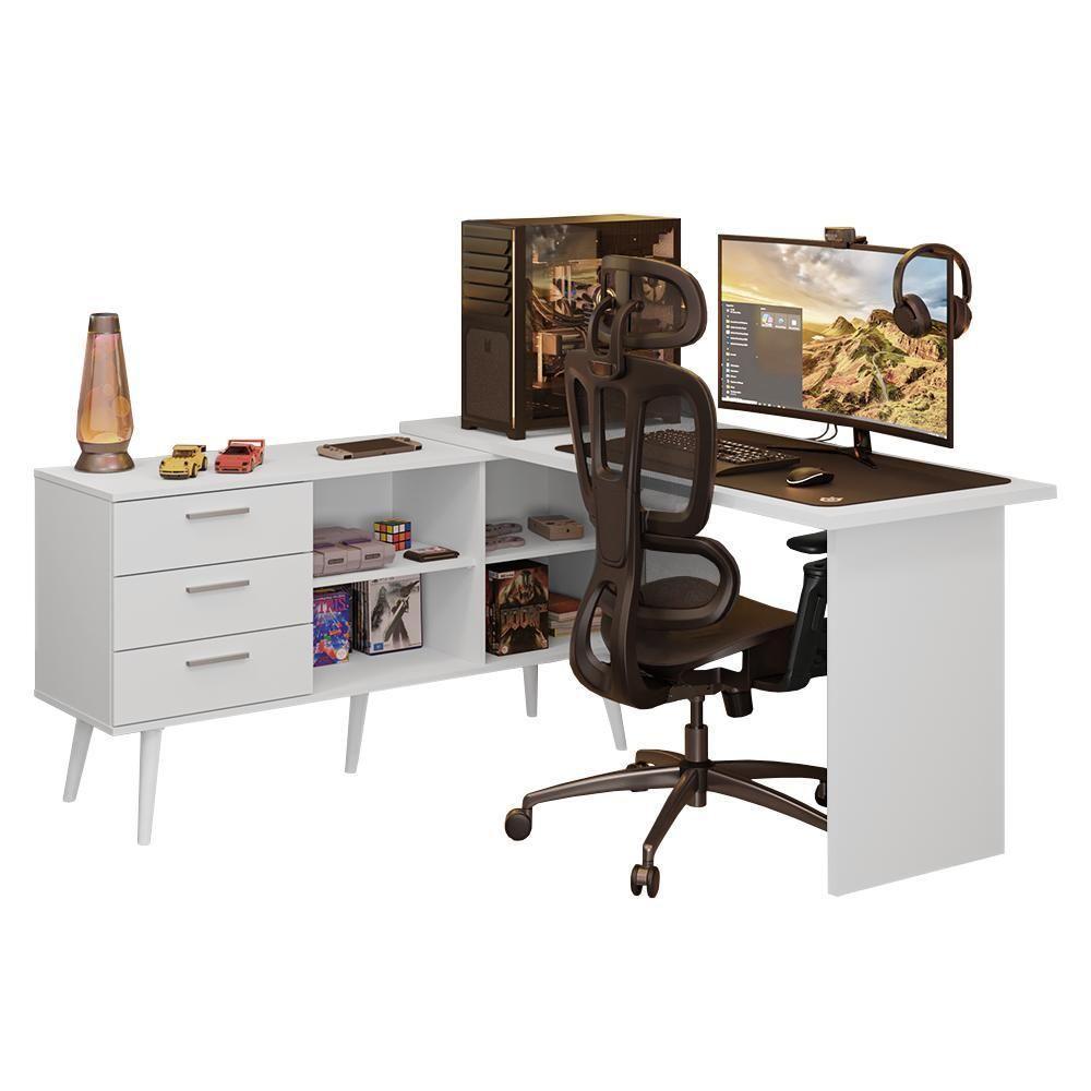 Escrivaninha Em L Mesa Para Computador Gamer 3 Gavetas Branco Lisboa Madesa - 2