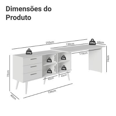 Escrivaninha Em L Mesa Para Computador Gamer 3 Gavetas Branco Lisboa Madesa