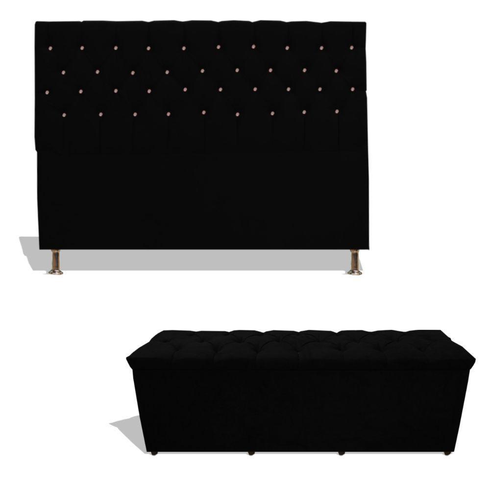 Kit Estrela Cabeceira De Cama Box Casal 140 Cm + Calçadeira Baú Suede Preto Eli Móveis E Decoração - 1