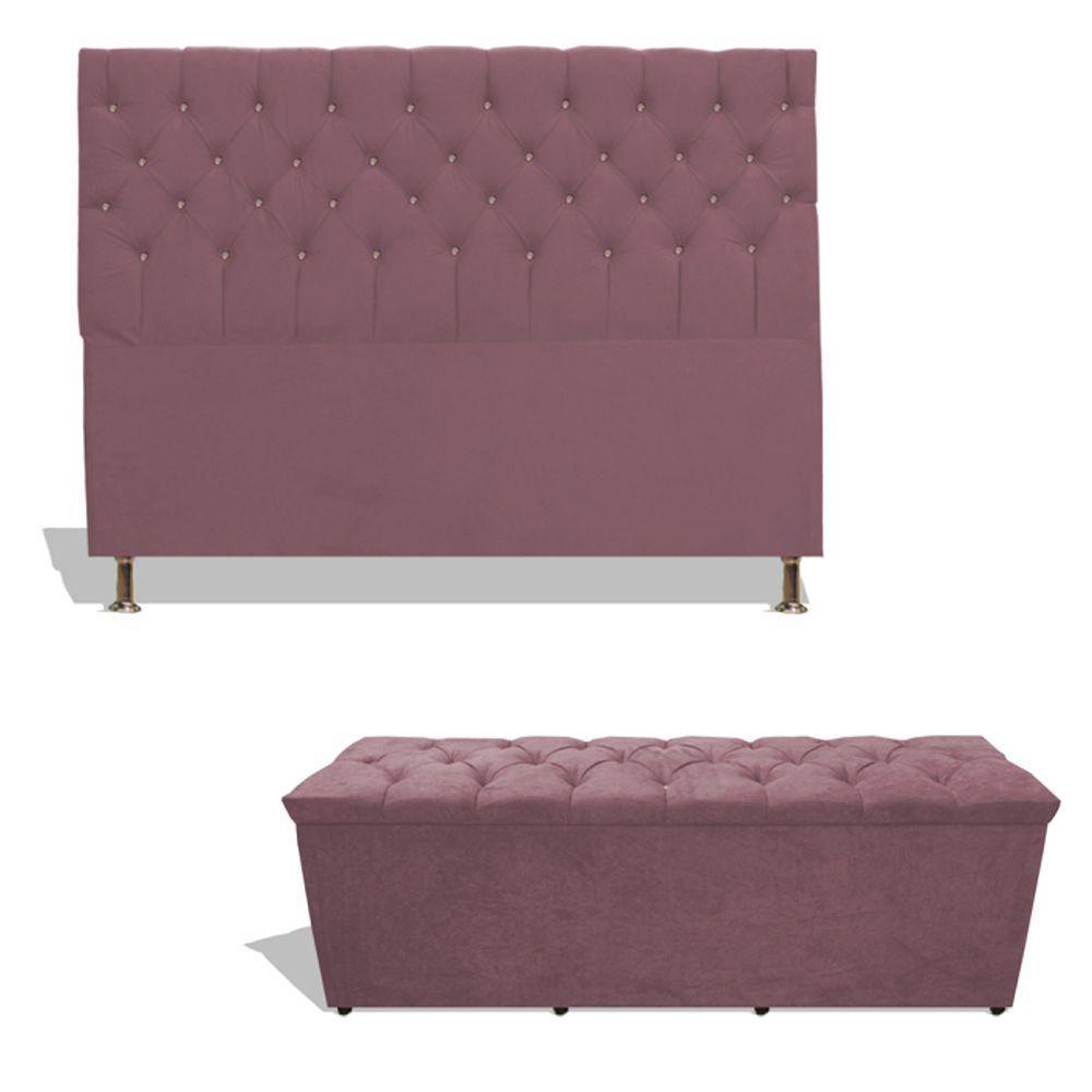 Kit Estrela Cabeceira De Cama Box Casal 140 Cm + Calçadeira Baú Suede Rosê Eli Móveis E Decoração - 1
