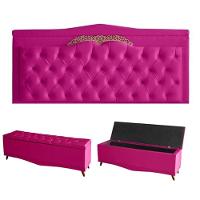 Kit Helena Cabeceira De Cama Painel E Calçadeira Baú King 195 Cm Suede Rosa Pink Eli Móveis E Decoração - 1