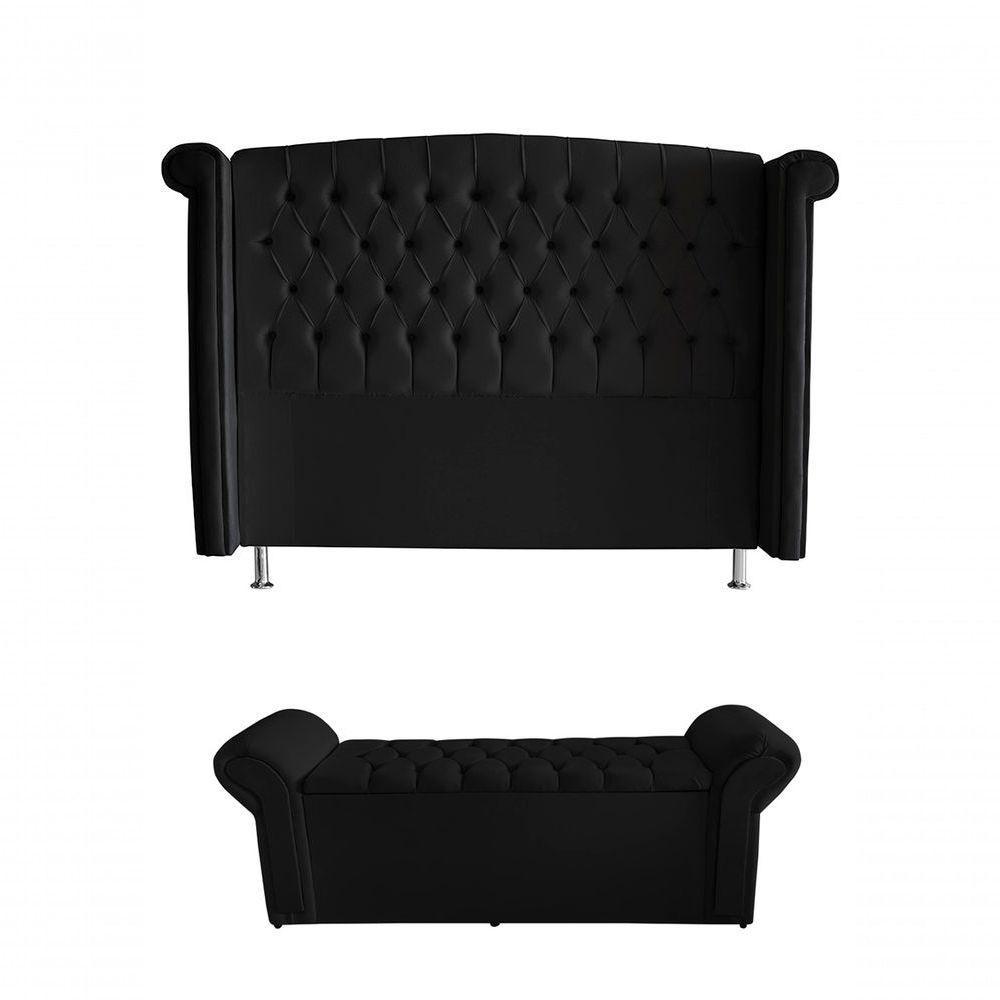 Kit Realeza Cabeceira De Cama Box E Calçadeira Baú King 195 Cm Suede Preto Eli Móveis - 1