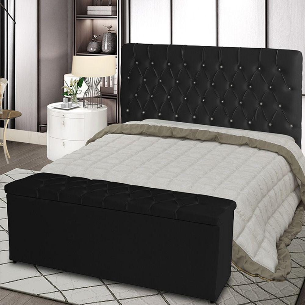 Kit De Quarto Cabeceira De Cama Box E Calçadeira Baú Bella Casal 140 Cm Suede Botão Strass Preto Eli Móveis E Decoração - 2