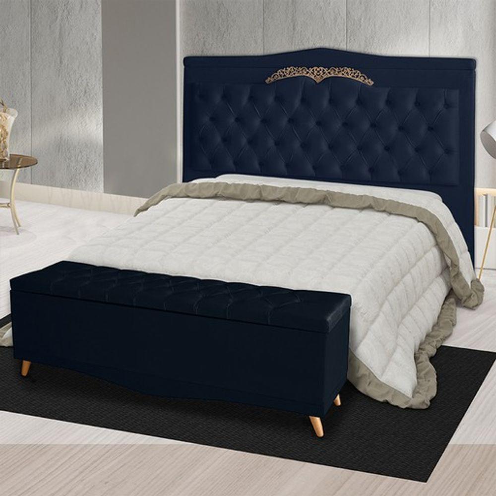 Kit Cabeceira De Cama Box E Calçadeira Baú Madri King 195 Cm Suede Azul Marinho Eli Móveis E Decoração - 2