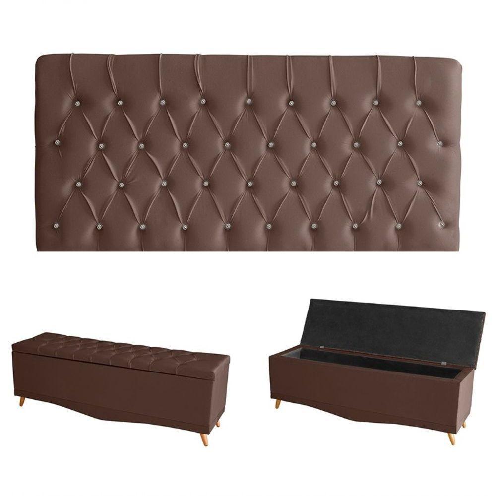 Kit Estrela Cabeceira De Cama Painel E Calçadeira Baú Botão Cristal King 195 Cm Suede Rosê Eli Móveis E Decoração - 1