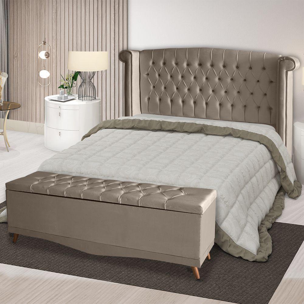 Kit De Quarto Cabeceira De Cama Box E Calçadeira Baú Toquio Casal 140 Cm Suede Capuccino Eli Móveis E Decoração - 1