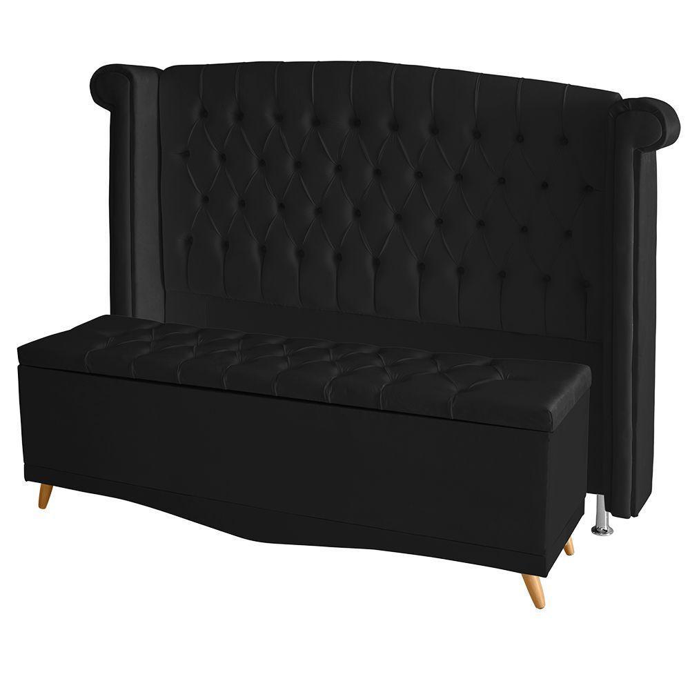 Kit De Quarto Cabeceira De Cama Box E Calçadeira Baú Toquio Casal 140 Cm Suede Preto Eli Móveis E Decoração - 1
