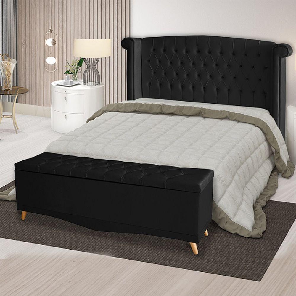 Kit De Quarto Cabeceira De Cama Box E Calçadeira Baú Toquio Casal 140 Cm Suede Preto Eli Móveis E Decoração - 2