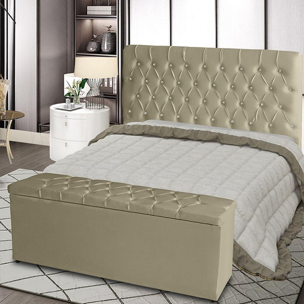 Kit De Quarto Cabeceira De Cama Box E Calçadeira Baú Bella Casal 140 Cm Suede Botão Strass Bege Eli Móveis E Decoração - 2