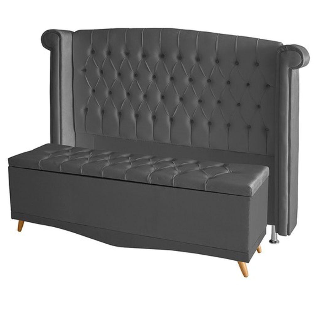 Kit De Quarto Cabeceira De Cama Box E Calçadeira Baú Toquio Casal Queen 160 Cm Suede Grafite Eli Móveis E Decoração - 1