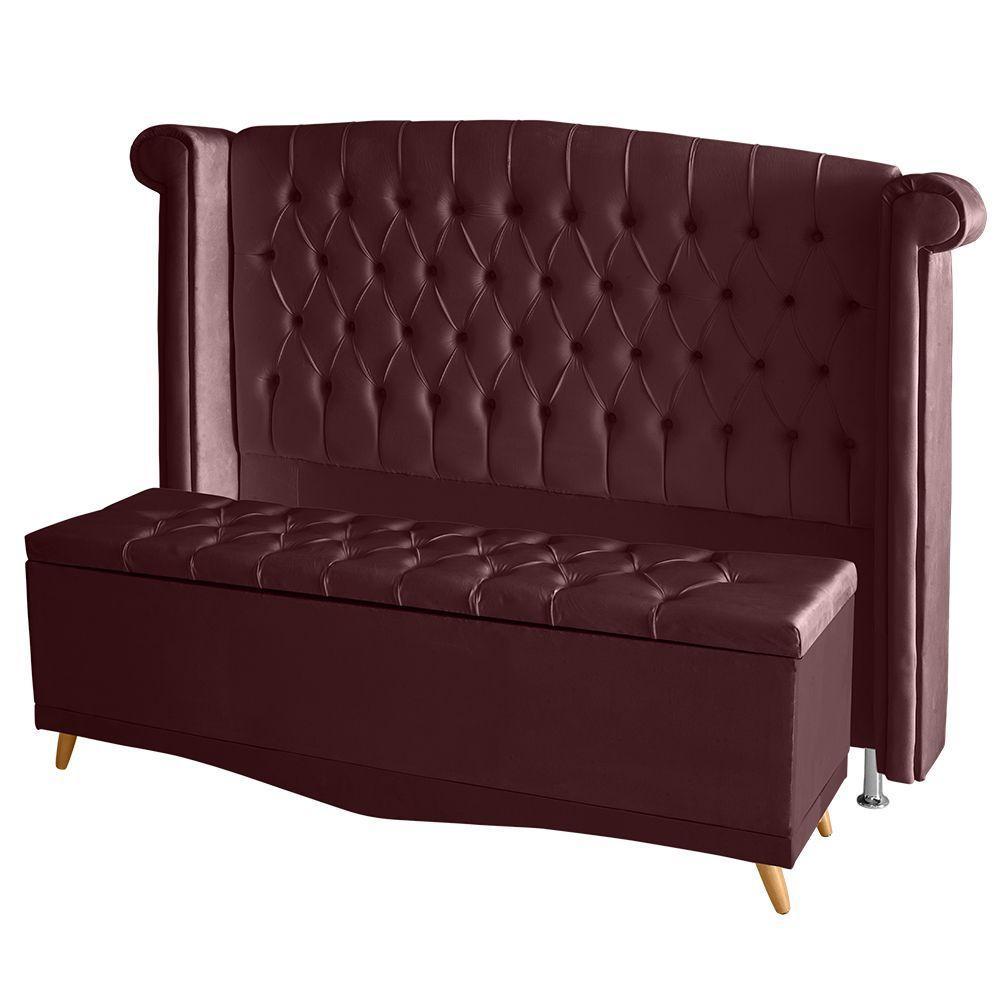 Kit De Quarto Cabeceira De Cama Box E Calçadeira Baú Toquio Casal 140 Cm Suede Bordo Eli Móveis E Decoração - 1