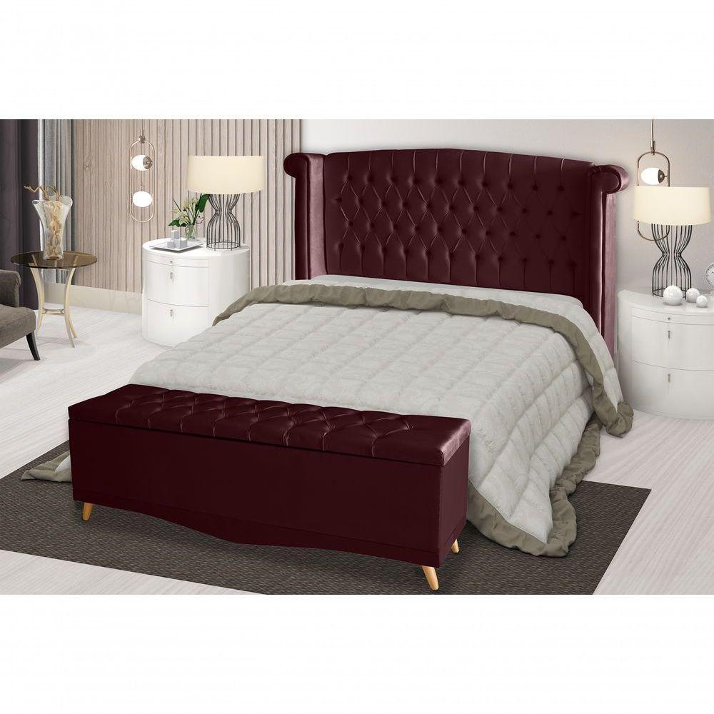 Kit De Quarto Cabeceira De Cama Box E Calçadeira Baú Toquio Casal 140 Cm Suede Bordo Eli Móveis E Decoração - 2