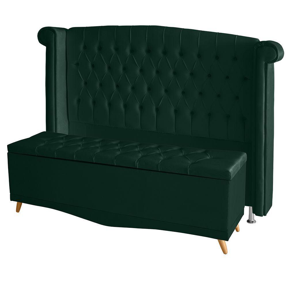 Kit De Quarto Cabeceira De Cama Box E Calçadeira Baú Toquio Casal 140 Cm Suede Verde Eli Móveis E Decoração - 1