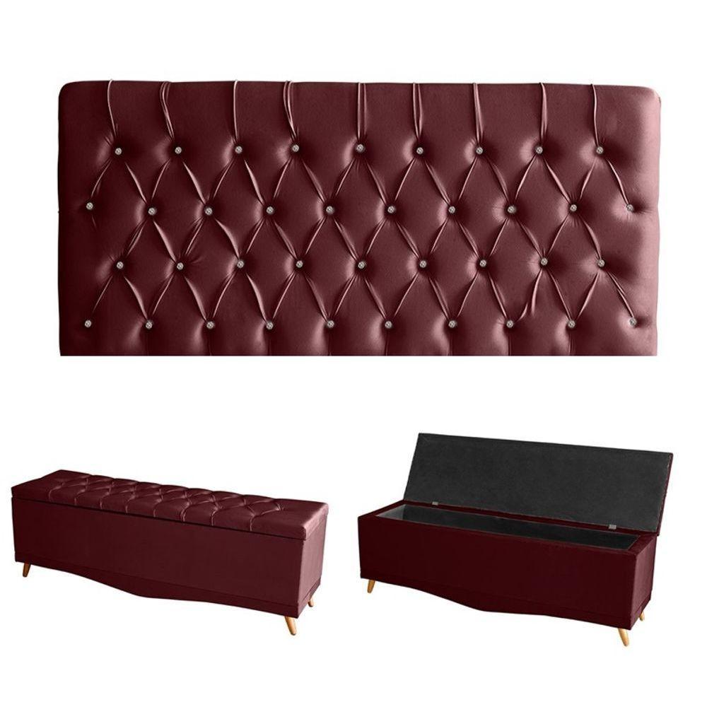 Kit Estrela Cabeceira De Cama Painel E Calçadeira Baú Botão Cristal King 195 Cm Suede Bordo Eli Móveis E Decoração - 1