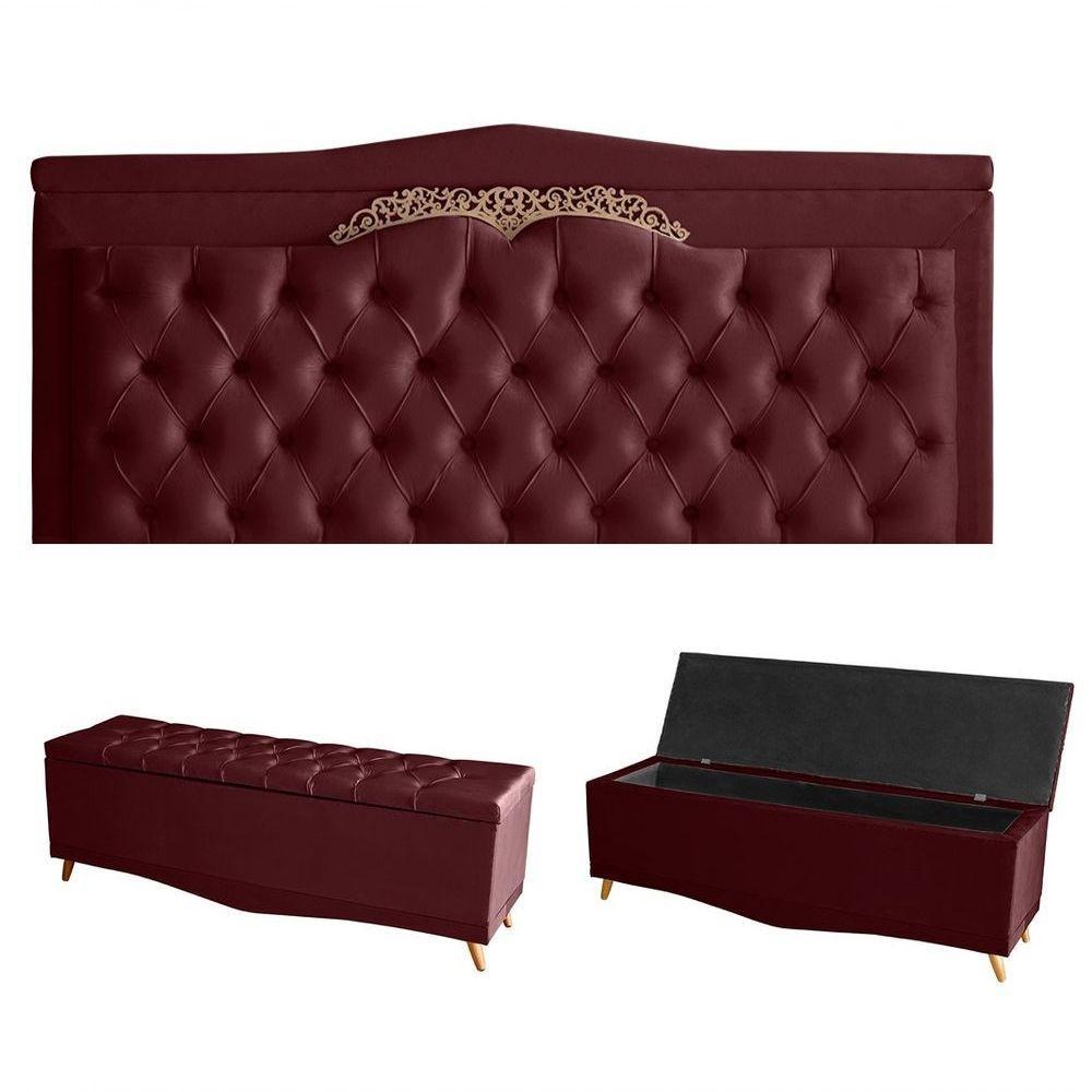 Kit Helena Cabeceira De Cama Painel E Calçadeira Baú King 195 Cm Suede Bordo Eli Móveis E Decoração - 1