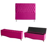 Kit Estrela Cabeceira De Cama Box E Calçadeira Baú Pés Palito Botão Cristal Queen 160 Cm Suede Rosa Pink Eli Móveis - 1