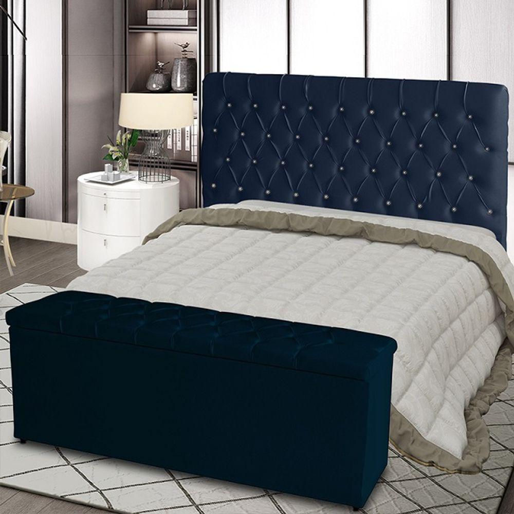 Kit De Quarto Cabeceira De Cama Box E Calçadeira Baú Bella Casal Queen 160 Cm Suede Botão Strass Azul Marinho Eli Móvei - 2