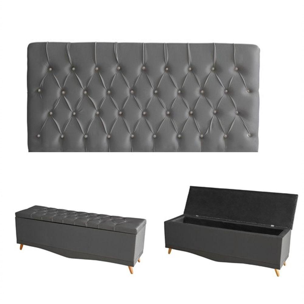 Kit Estrela Cabeceira De Cama Painel E Calçadeira Baú Botão Cristal Casal 140 Cm Suede Grafite Eli Móveis E Decoração - 1