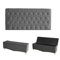 Kit Estrela Cabeceira De Cama Painel E Calçadeira Baú Botão Cristal Casal 140 Cm Suede Grafite Eli Móveis E Decoração - 1