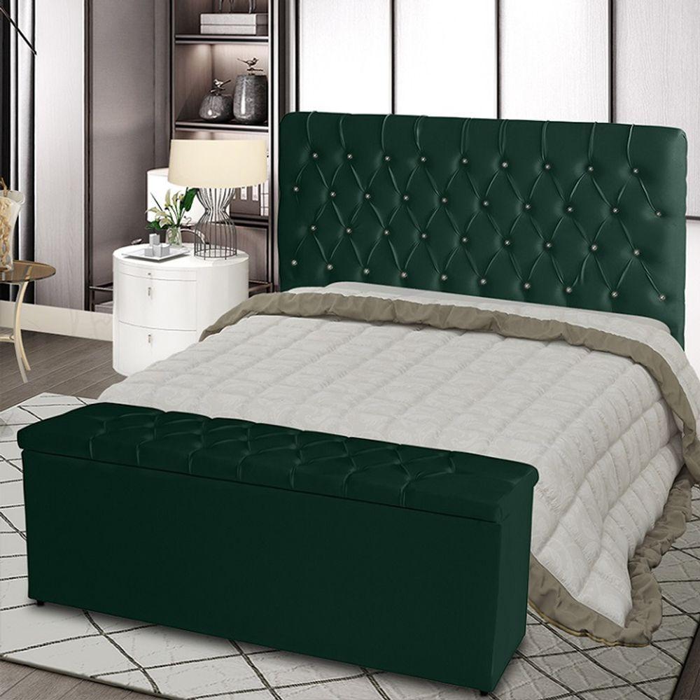 Kit De Quarto Cabeceira De Cama Box E Calçadeira Baú Bella Casal Queen 160 Cm Suede Botão Strass Verde Eli Móveis E Dec - 2
