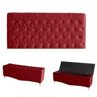 Kit Estrela Cabeceira De Cama Painel E Calçadeira Baú Botão Cristal Casal 140 Cm Suede Vermelho Eli Móveis E Decoração - 1