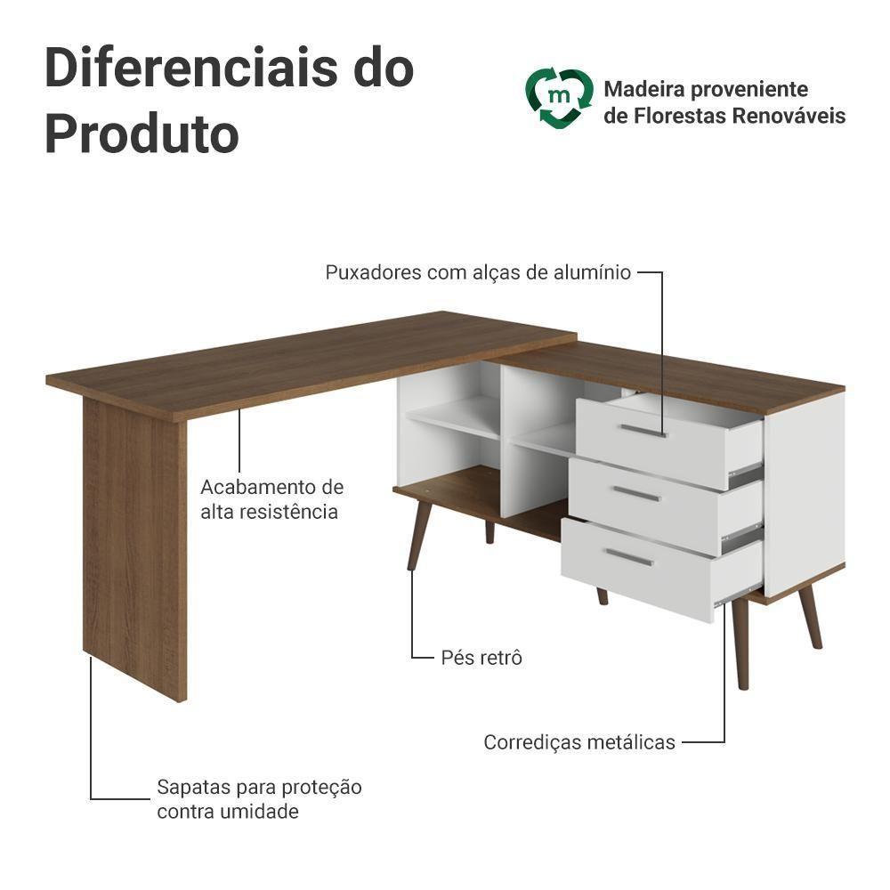 Escrivaninha Mesa De Estudos De Canto 3 Gavetas Branco/rustic Lisboa Madesa - 8