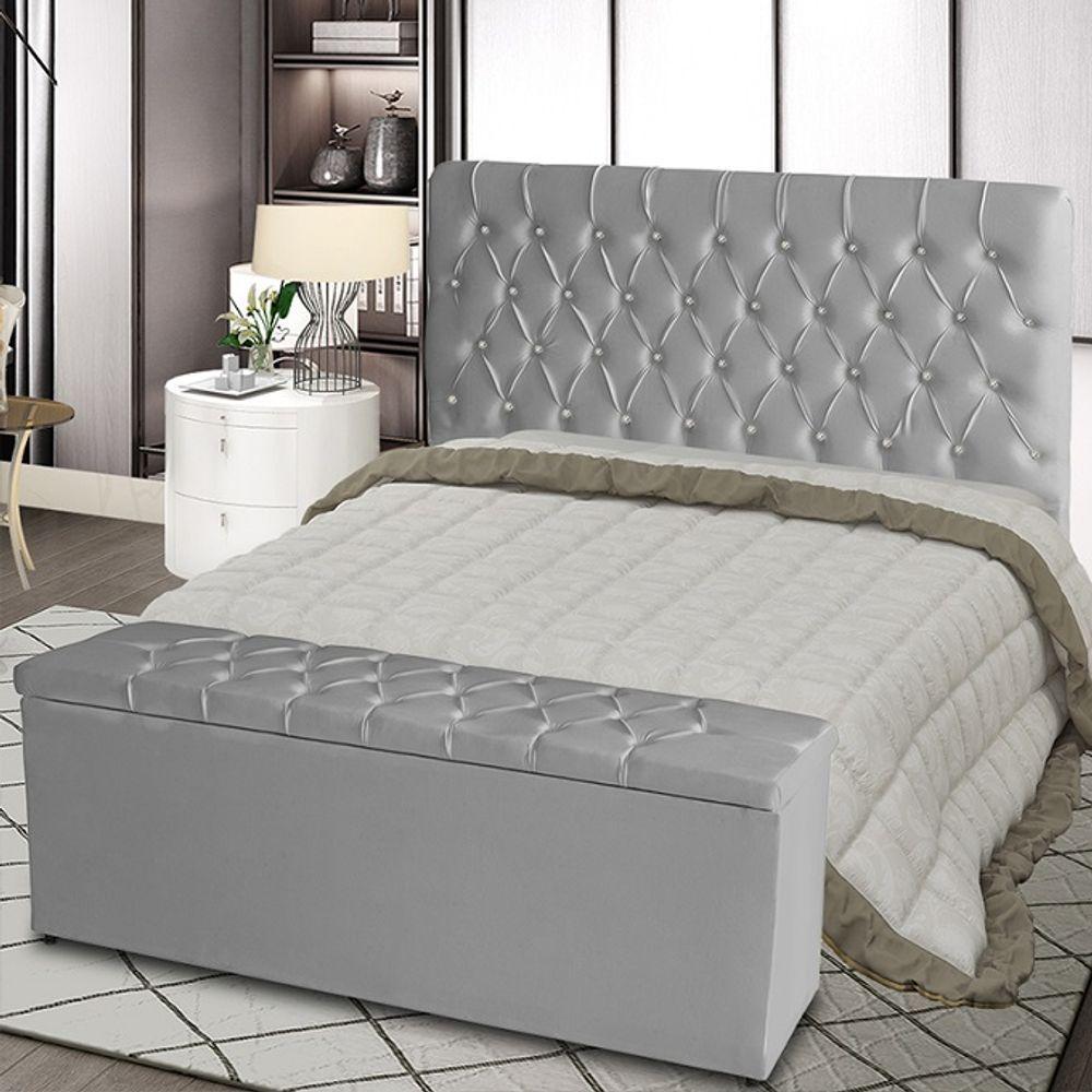 Kit De Quarto Cabeceira De Cama Box E Calçadeira Baú Bella Casal 140 Cm Suede Botão Strass Prata Eli Móveis E Decoração - 2