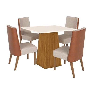 Sala De Jantar Completa Dora Tampo Madeirado 90x90cm E 4 Cadeiras Anne Nature-courano-linho - Henn