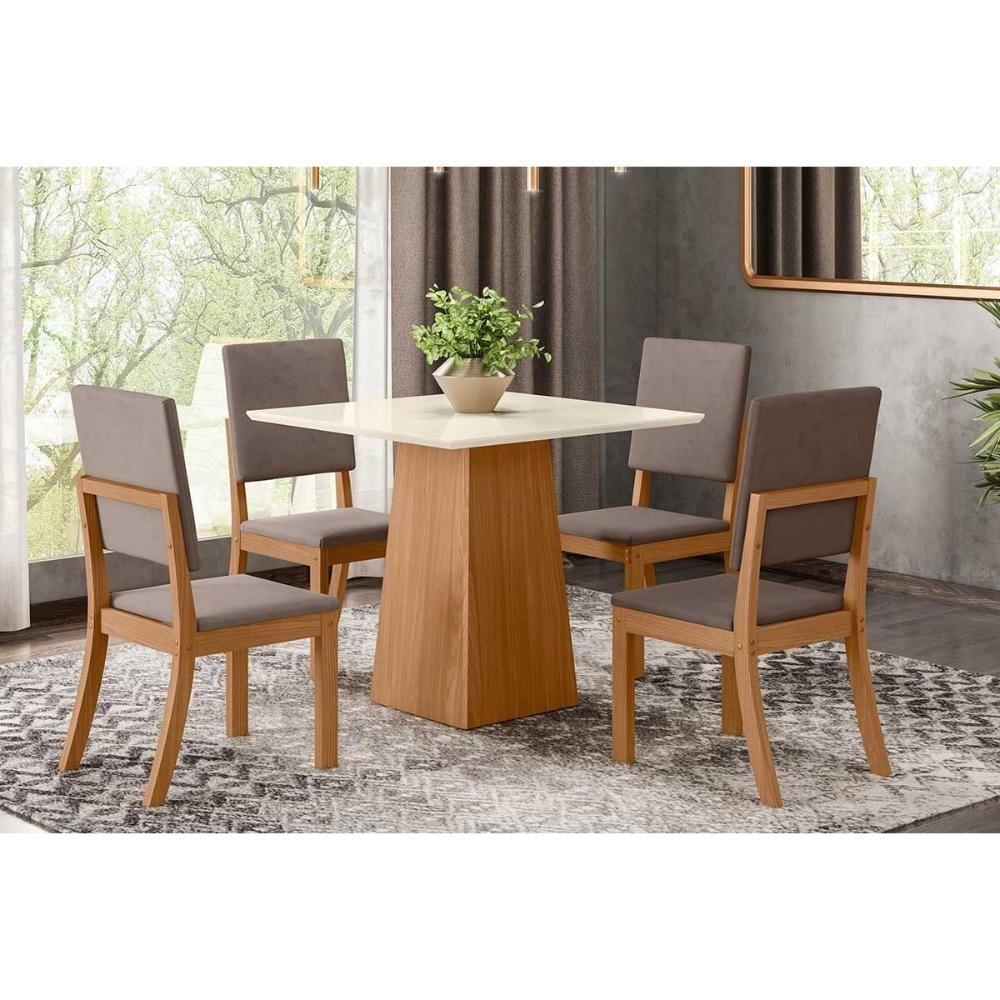 Conjunto Mesa Sala Jantar Dora Tampo Madeirado 90cm E 4 Cadeiras Milla Nature Suede Light Marrom Amendoa Henn - 1