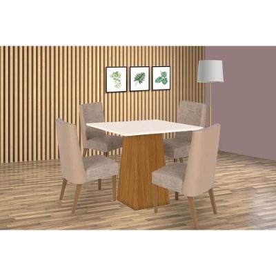Conjunto Mesa De Cozinha Dora Tampo Madeirado 90x90cm E 4 Cadeiras Anne Nature Courano Creme Henn