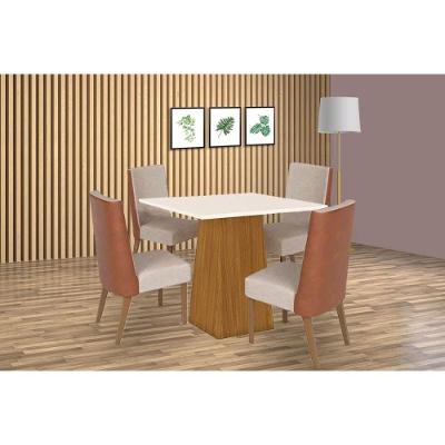 Conjunto Mesa De Cozinha Dora Tampo Madeirado 90x90cm E 4 Cadeiras Anne Nature Courano Linho Henn