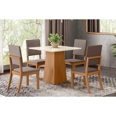 Conjunto Mesa De Cozinha Dora Tampo Madeirado 90cm E 4 Cadeiras Milla Nature Suede Light Marrom Amendoa Henn