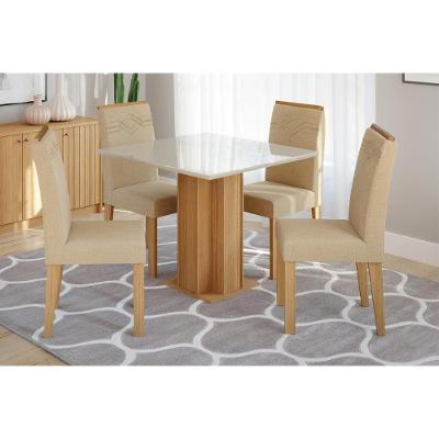Sala De Jantar Completa Sophia C- Tampo Madeirado C- Vidro 95x95cm E 4 Cadeiras Taís Nature-off White-suede Nude Bege - Cimol