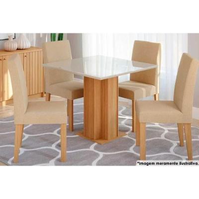 Sala De Jantar Sophia C- Vidro 95x95cm E 4 Cadeiras Maia Nature suede Gengibre Bege