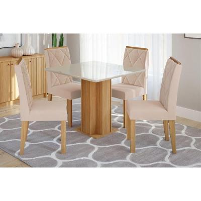 Sala De Jantar Completa Sophia C- Tampo Madeirado C- Vidro 95x95cm E 4 Cadeiras Fernanda Nature-off White-suede Nude Bege - Cimol