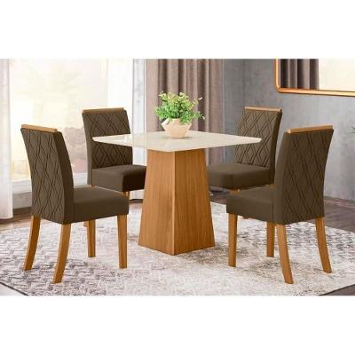 Conjunto Mesa De Cozinha Dora Tampo Madeirado 90x90cm E 4 Cadeiras Vita Nature Suede Light Bege Henn