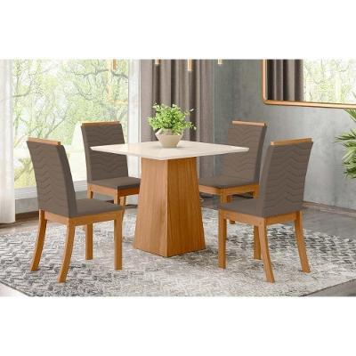 Conjunto Mesa Sala Jantar Dora Tampo Madeirado 90cm E 4 Cadeiras Isa Nature Suede Light Bege Henn