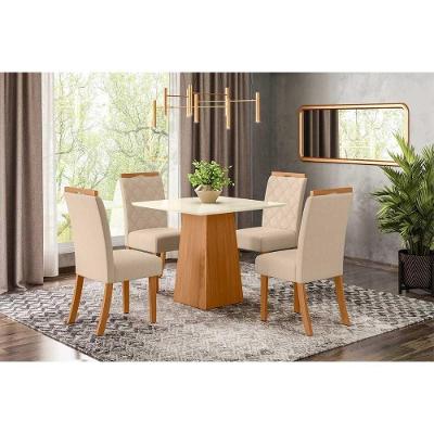 Conjunto Mesa De Cozinha Dora Tampo Madeirado 90cm E 4 Cadeiras Bella Nature Linho Henn