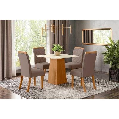 Conjunto Mesa De Cozinha Dora Tampo Madeirado 90cm E 4 Cadeiras Bella Nature Suede Light Marrom Amendoa Henn