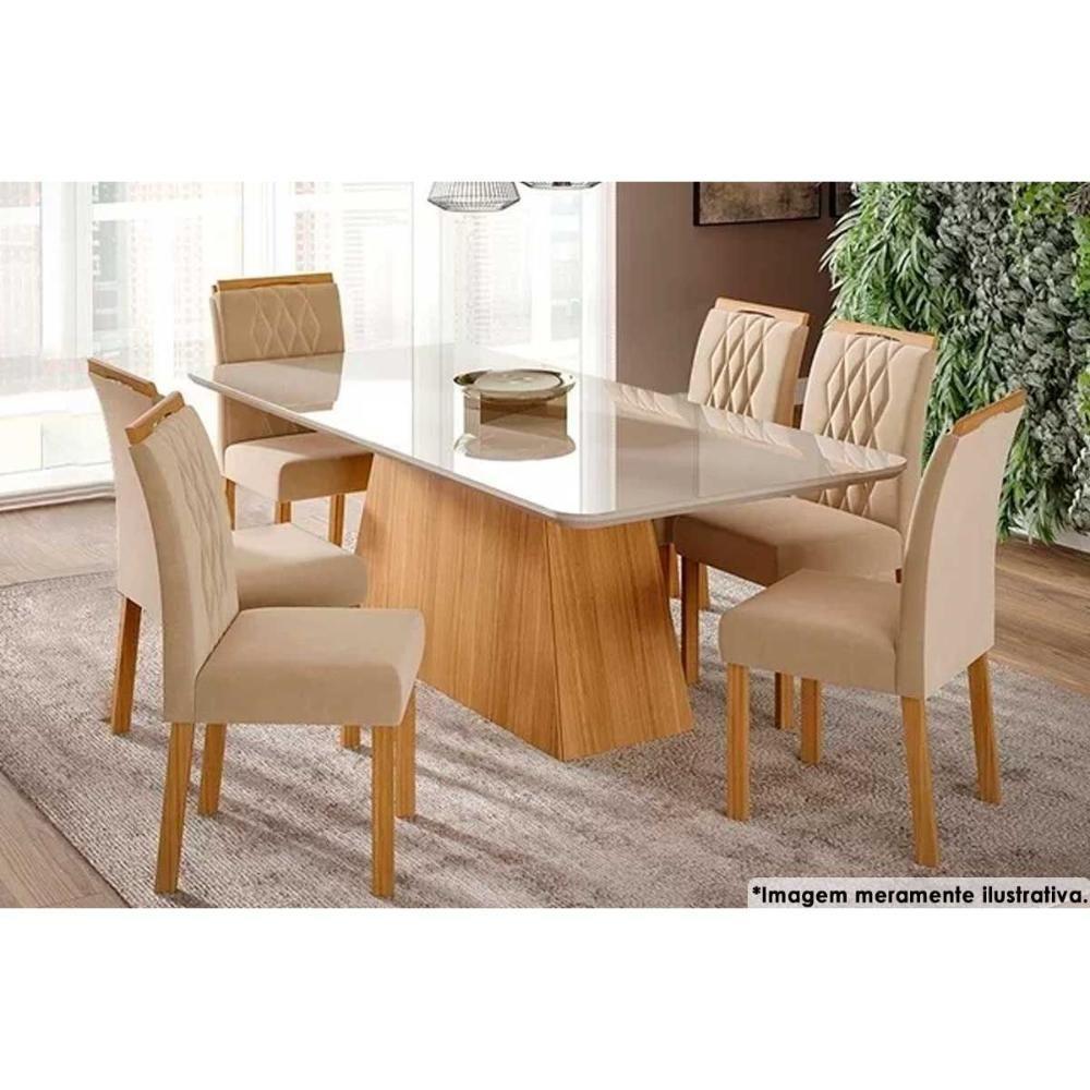 Sala De Jantar Completa Helena C- Tampo Madeirado C- Vidro 210x100cm E 6 Cadeiras Juliana Madeirado-suede Nude Bege - Cimol - 1