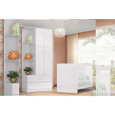 Quarto De Bebê Completo Labirinto 2 Peças (1 Guarda Roupa + 1 Berço) Qi97 Branco - Henn
