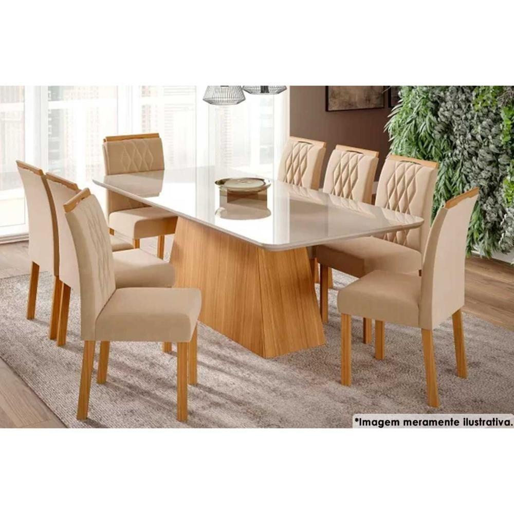 Sala De Jantar Completa Helena C- Tampo Madeirado C- Vidro 210x100cm E 8 Cadeiras Juliana Madeirado-suede Nude Bege - Cimol - 1