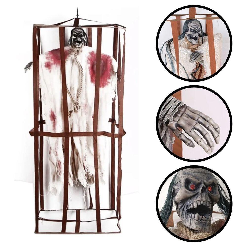 Boneco Bruxa Esqueleto Na Jaula Halloween Com Som E Luz - 1
