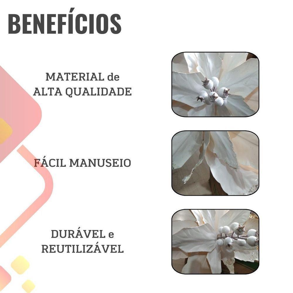Flor Decorativa Poinsetia Branca Com Glitter Tecido - 1 Unidade - 4